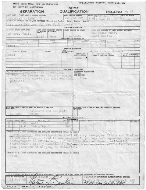 Arthur L. Benjamin - Army Separation Papers