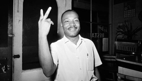Dr. Martin Luther King, Jr. reacts in St. Augustine, Fla., after learning that the senate passsed the civil rights bill, June 19, 1964. (AP Photo)