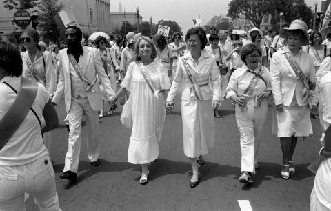 Leading supporters of the Equal Rights Amendment march in Washington on Sunday, July 9, 1978, urging Congress to extend the time for ratification of the ERA. From left: Gloria Steinem, Dick Gregory, Betty Friedan, Rep. Elizabeth Holtzman, D-N.Y., Rep. Barbara Mikulski, D-Md., Rep. Margaret Heckler, R-Mass. (AP Photo/Dennis Cook)